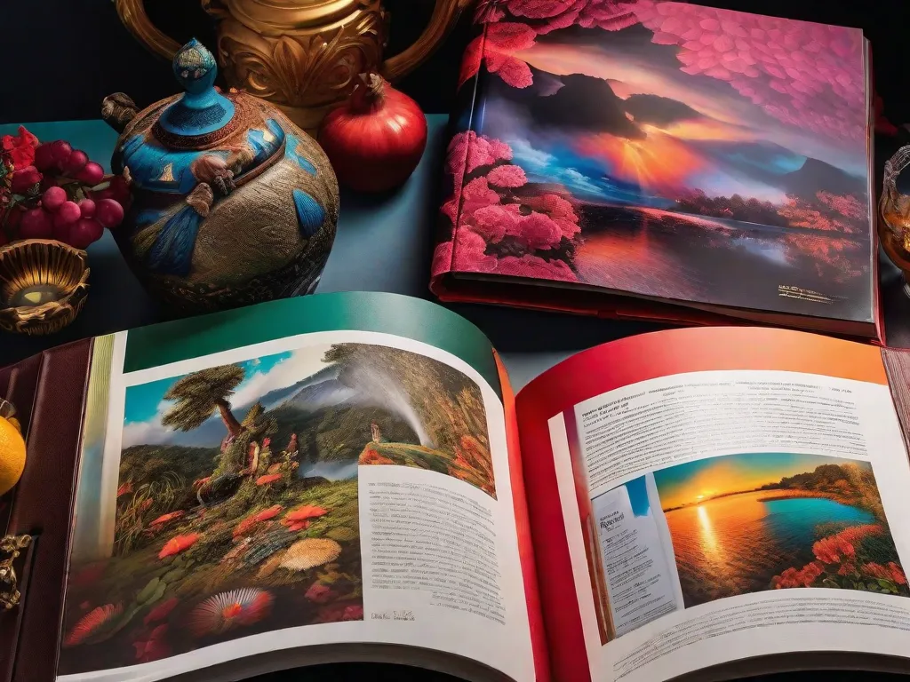 Uma imagem vibrante e cativante de um livro de arte Taschen aberto, exibindo uma peça hipnotizante de arte contemporânea. A página está repleta de cores ousadas e detalhes intrincados, envolvendo o espectador em um mundo de expressão artística e criatividade. A imagem evoca uma sensação de admiração e apreciação pela beleza e diversidade da arte.