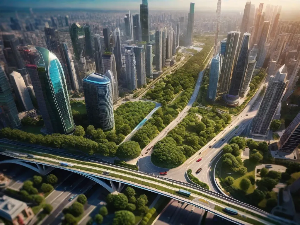 Visão aérea de uma cidade movimentada com arranha-céus, parques e redes de estradas bem projetadas. O planejamento urbano da cidade é evidente na disposição harmoniosa de edifícios, espaços verdes e infraestrutura de transporte, criando um ambiente urbano vibrante e organizado.