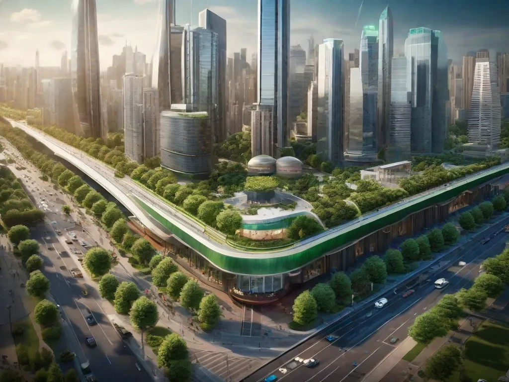 Uma paisagem urbana movimentada com arranha-céus imponentes, avenidas largas e uma rede de sistemas de transporte bem projetados. A imagem destaca o layout urbano intrincadamente planejado, espaços verdes e infraestrutura eficiente, ressaltando a importância do planejamento urbano na criação de cidades habitáveis e sustentáveis.