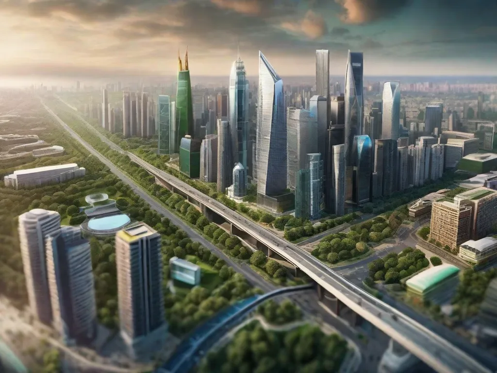 Visão aérea de uma cidade movimentada, mostrando a intrincada rede de estradas e prédios. A imagem captura a essência do planejamento urbano, com ruas bem projetadas, parques e infraestrutura que se harmonizam para criar um ambiente urbano vibrante e organizado.