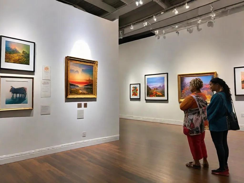 Uma galeria de arte vibrante e eclética é retratada na imagem. As paredes estão adornadas com pinturas, esculturas e fotografias coloridas, exibindo uma variedade diversa de estilos artísticos e meios. Os visitantes são vistos apreciando a arte, com seus olhos cativados pela beleza e criatividade em exibição. O ambiente está cheio de inspiração e admiração