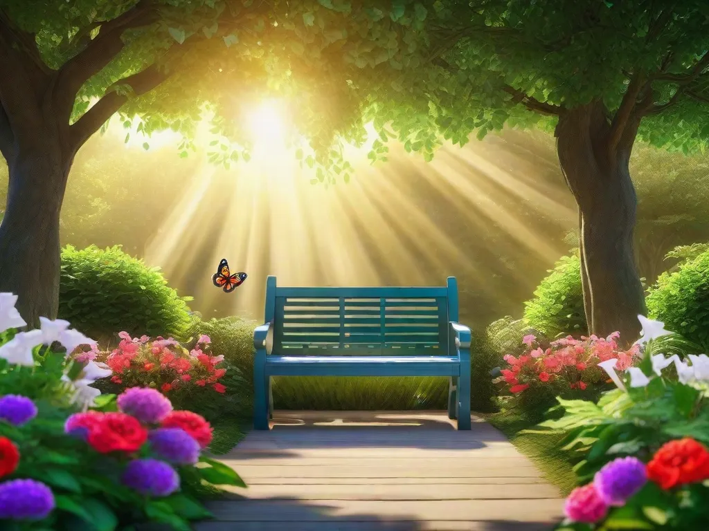 Descrição da imagem: Um jardim sereno e tranquilo com flores vibrantes em plena floração. A luz do sol ilumina suavemente a cena, lançando um brilho quente nas árvores e plantas ao redor. Um pequeno banco convida os visitantes a sentar e refletir, enquanto borboletas voam graciosamente, simbolizando transformação e positividade.
