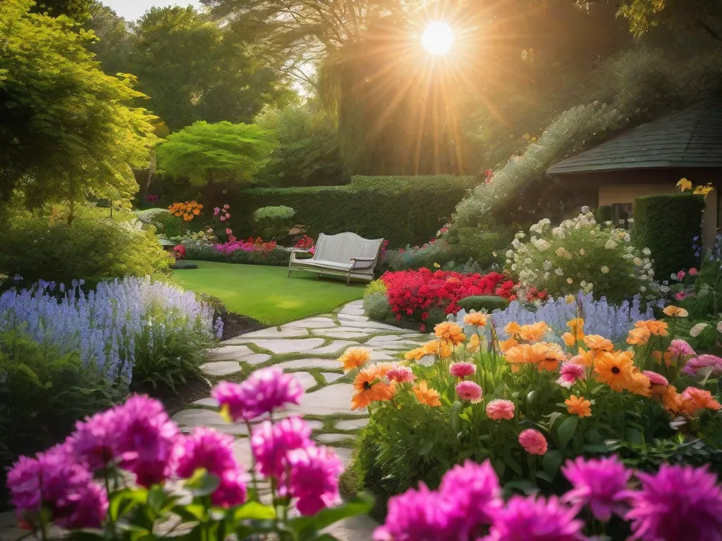 Descrição da imagem: Um jardim sereno e tranquilo com flores vibrantes em plena floração. O sol brilha intensamente, lançando um brilho caloroso nas pétalas coloridas. Ao redor do jardim, há árvores altas e exuberantes que proporcionam sombra e uma sensação de tranquilidade. Essa imagem representa os ensinamentos de Louise Hay sobre autoamor, cura e a