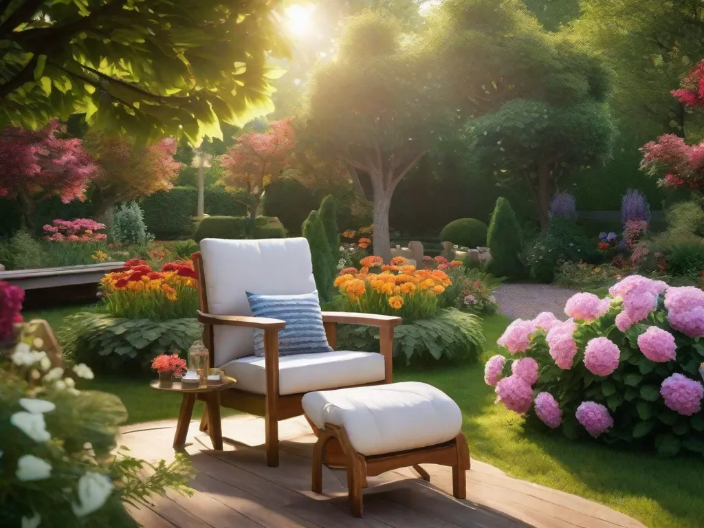 Descrição da imagem: Um jardim sereno e tranquilo com flores vibrantes em plena floração. A luz do sol ilumina suavemente a cena, lançando um brilho quente nas árvores e plantas ao redor. Um pequeno banco convida os visitantes a sentar e refletir, enquanto borboletas voam graciosamente, simbolizando transformação e positividade.