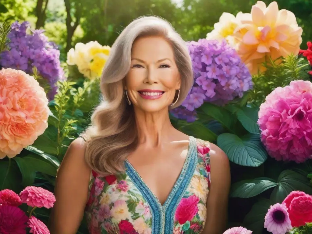 Descrição: Uma imagem serena de uma mulher em pé em um exuberante jardim, seu rosto irradiando paz e contentamento. Ao seu redor, há flores vibrantes em plena floração, simbolizando crescimento, cura e o poder das afirmações positivas. A imagem captura a essência dos ensinamentos de Louise Hay sobre amor próprio, aceitação e transformação pessoal.