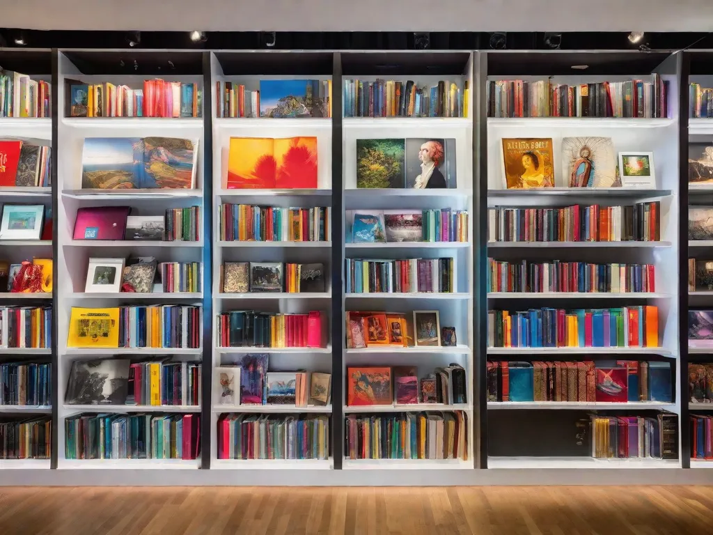 Descrição: Uma vibrante e eclética coleção de livros de arte da Taschen exibidos em uma estante de livros elegante e moderna. Os livros, com suas capas coloridas e diversos temas que vão desde pinturas clássicas até instalações contemporâneas, criam uma cena visualmente cativante que celebra a beleza e diversidade da arte.
